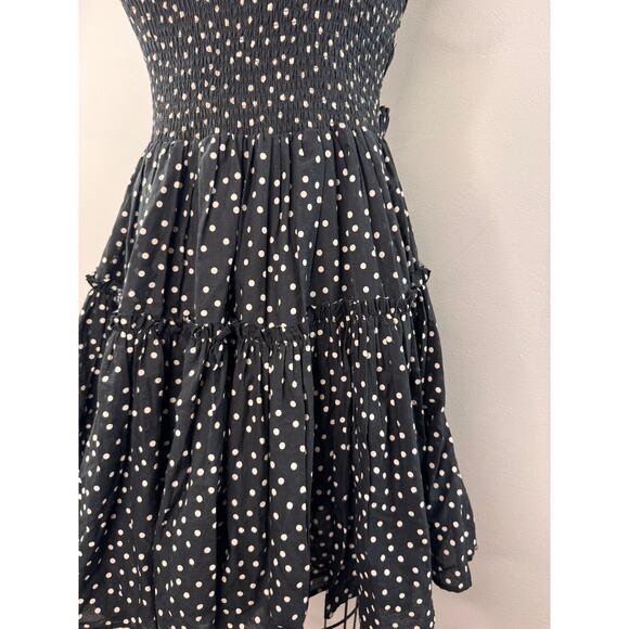 ASOS Black White Fit & Flare Dress Polka Dot Smocked Raw Cut Edges Pullover Sz 8 - Picture 2 of 6